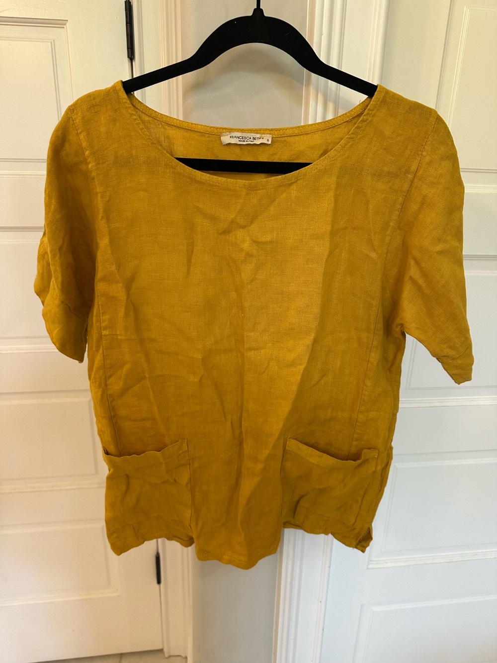 Francesca Bettini Linen Top S Mustard Yellow Italy Lagenlook Pockets Boxy Tunic